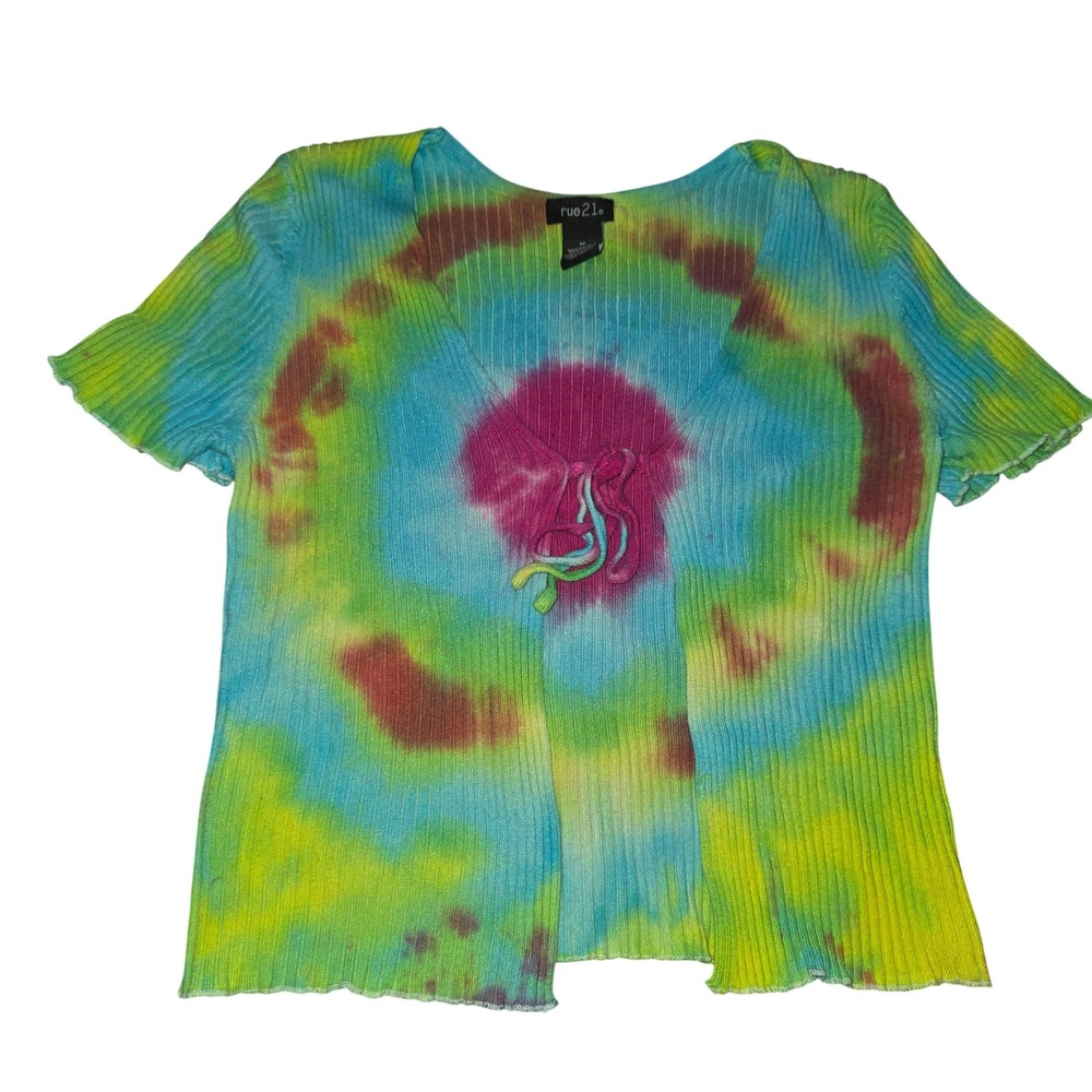 Y2K Rue 21 Tie Dye Ribbed Short Sleeve Top‎ Tie Front Cardigan Festival Medium